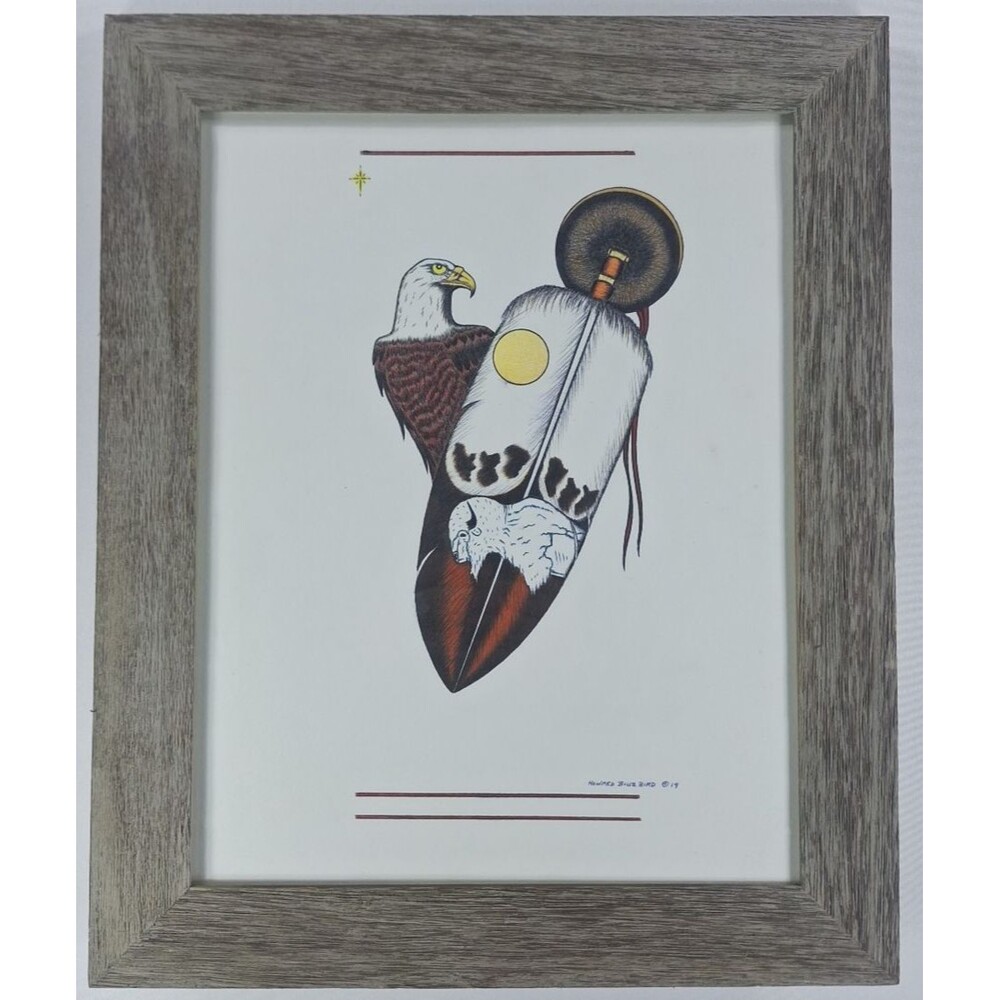 Howard Blue Bird Native American Art Print Signed Framed Eagle Feather Buffalo
